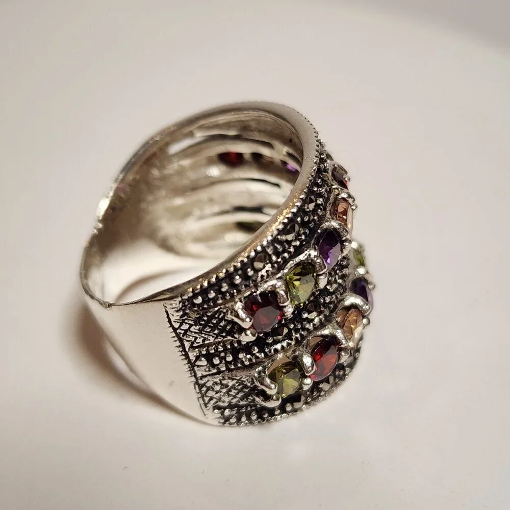 Vintage Silver Multi-gemstone Marcasite Ring